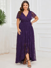 Plus size V-Neck Short Sleeve Pleated Ruffled Lace Evening Dress #Color_Dark Purple
