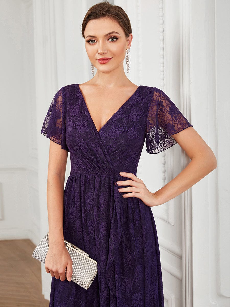 V-Neck Short Sleeve Pleated Ruffled Lace Evening Dress