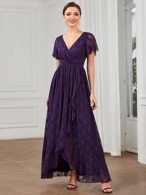 V-Neck Short Sleeve Pleated Ruffled Lace Evening Dress