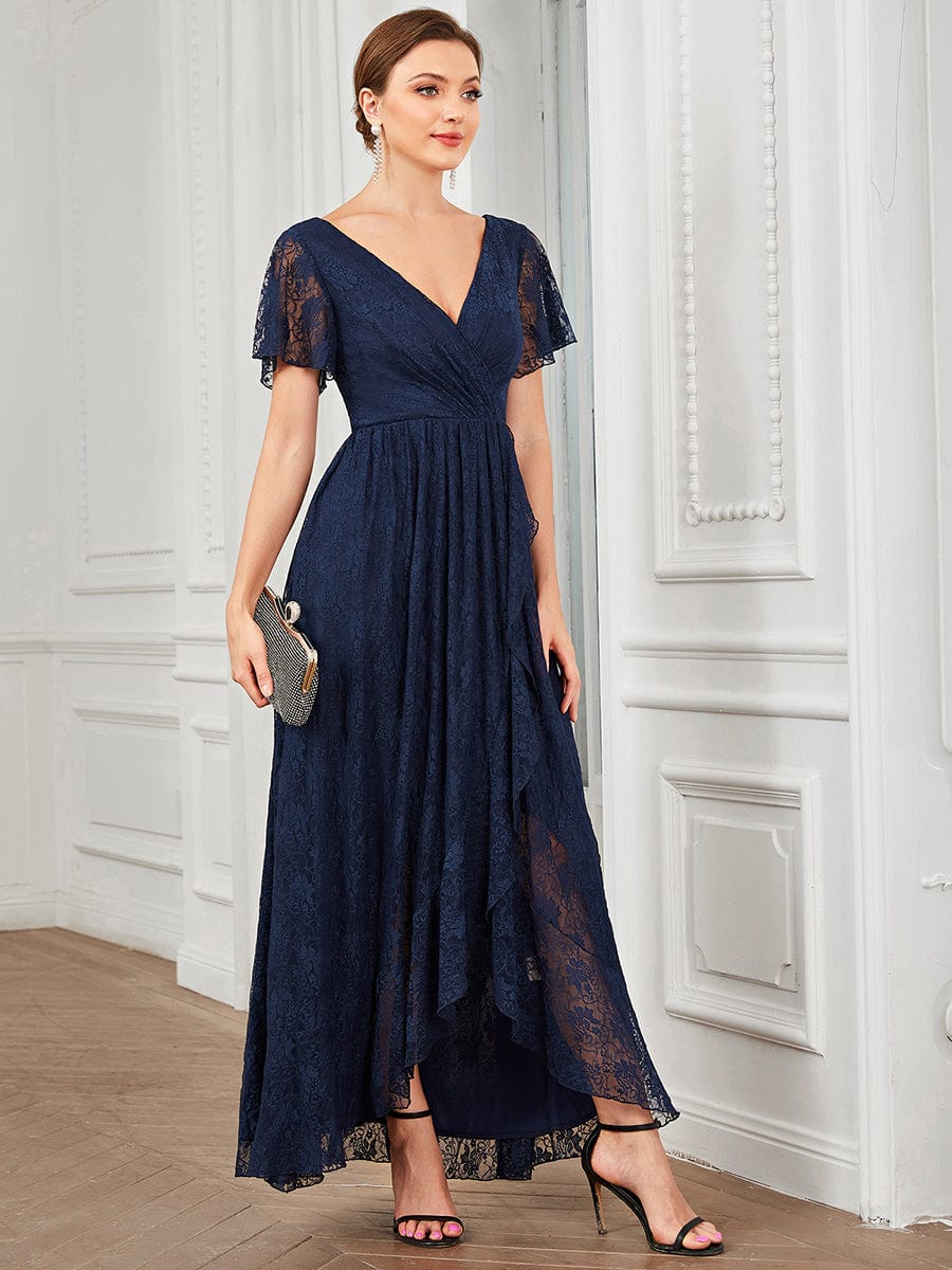 V-Neck Short Sleeve Pleated Ruffled Lace Evening Dress #Color_Navy Blue