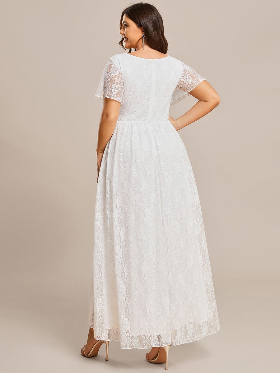 Plus size V-Neck Short Sleeve Pleated Ruffled Lace Evening Dress #Color_White