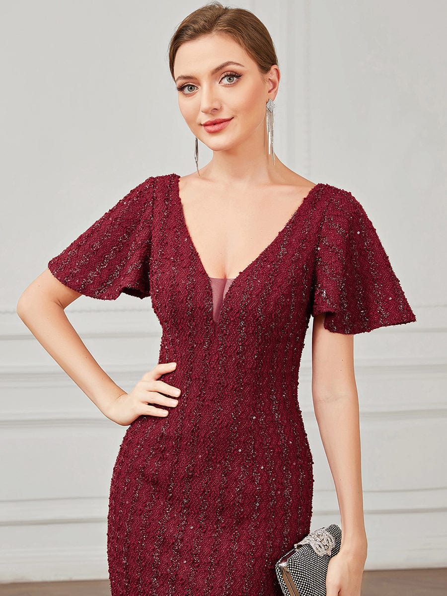 Striped Sequin Short Sleeve Floor Length Bodycon Evening Dress