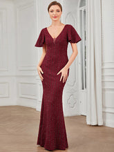 Striped Sequin Short Sleeve Floor-Length Bodycon Evening Dress #Color_Burgundy