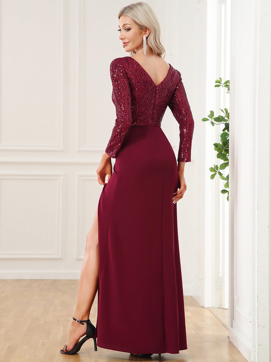 Sequin V-Neck Long Sleeve High Slit Evening Dress #Color_Burgundy