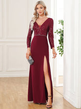 Sequin V-Neck Long Sleeve High Slit Evening Dress #Color_Burgundy