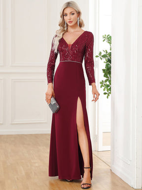 Sequin V-Neck Long Sleeve High Slit Evening Dress
