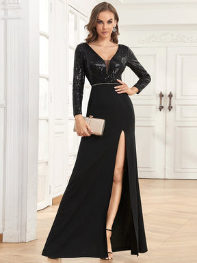 Sequin V-Neck Long Sleeve High Slit Evening Dress