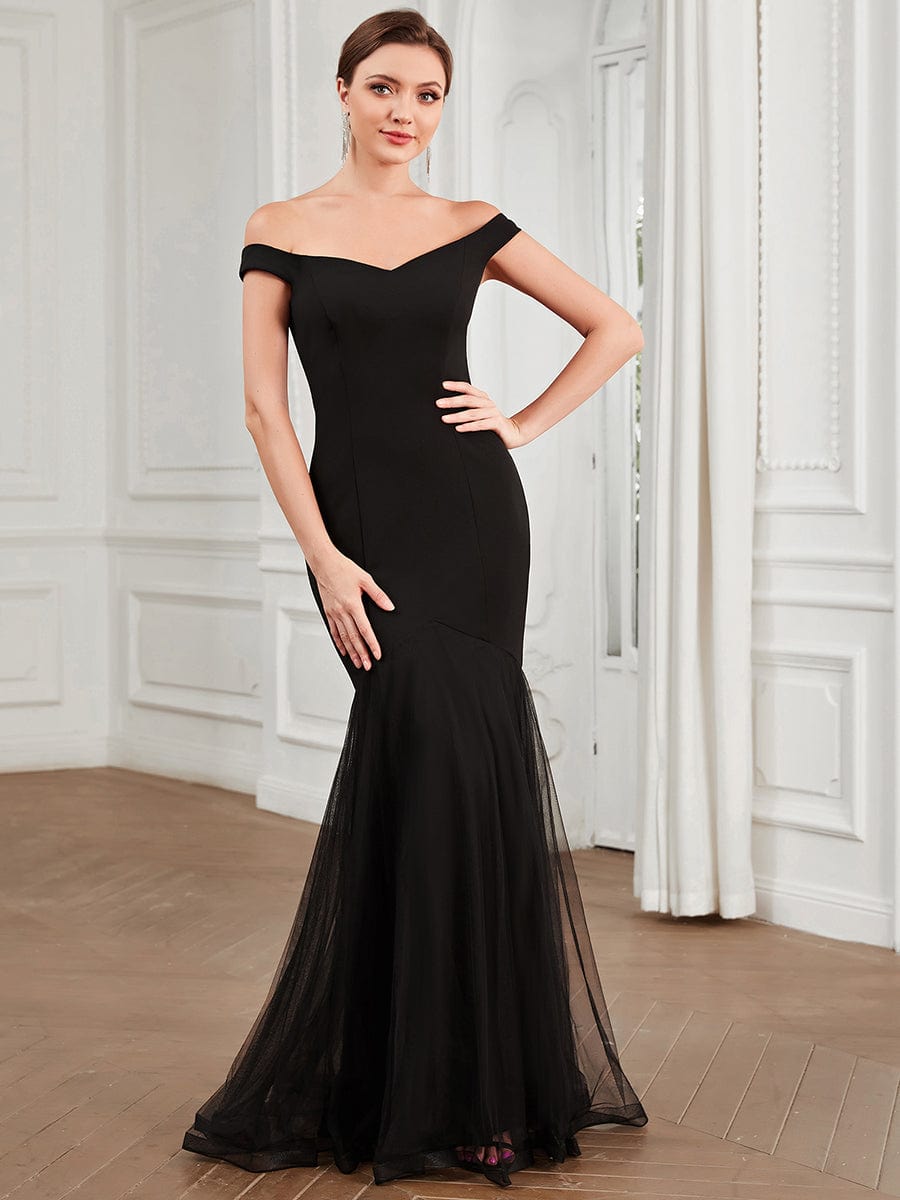 Off Shoulder Sweetheart Mermaid Tulle Bodycon Evening Dress #Color_Black