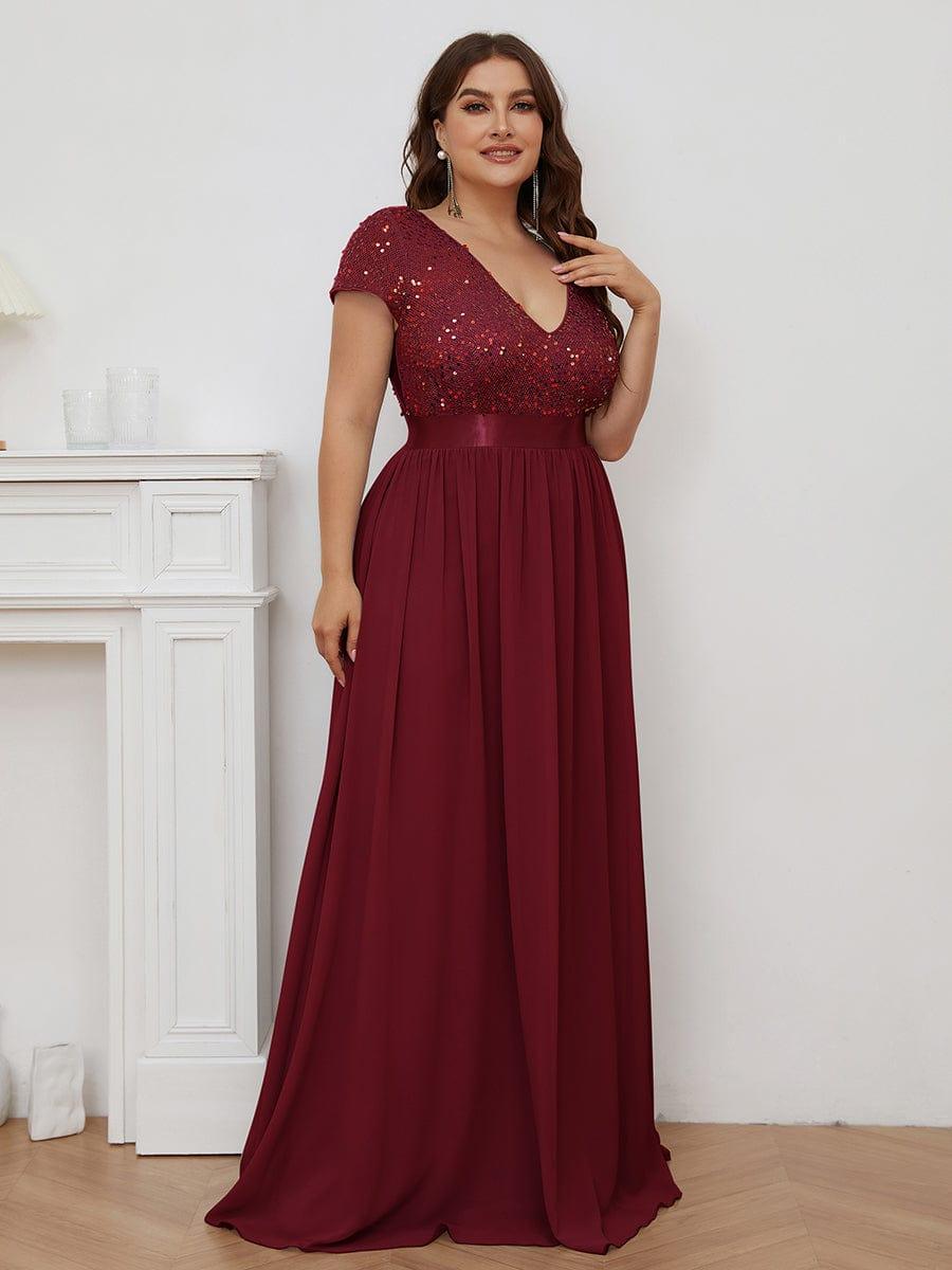 Plus Size V-Neck Cap Sleeve Sequins Chiffon Maxi Evening Dress