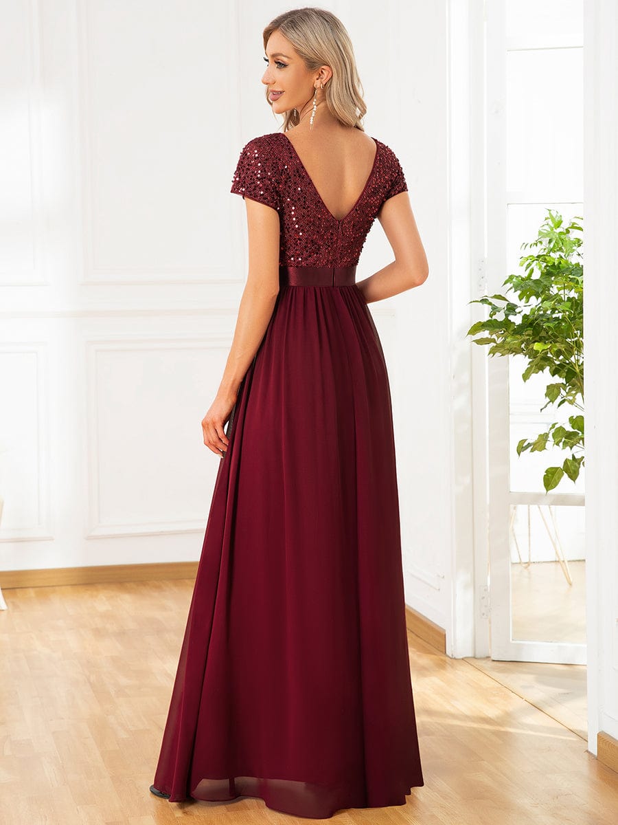 V-Neck Cap Sleeve Sequin & Chiffon Empire Waist Evening Dress #color_Burgundy