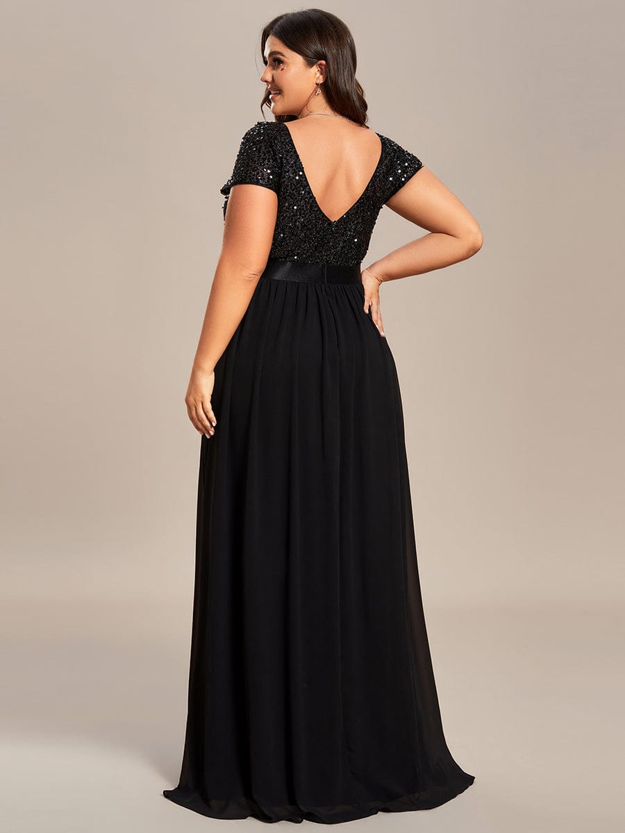 Plus Size V-Neck Cap Sleeve Sequins Chiffon Maxi Evening Dress #color_Black