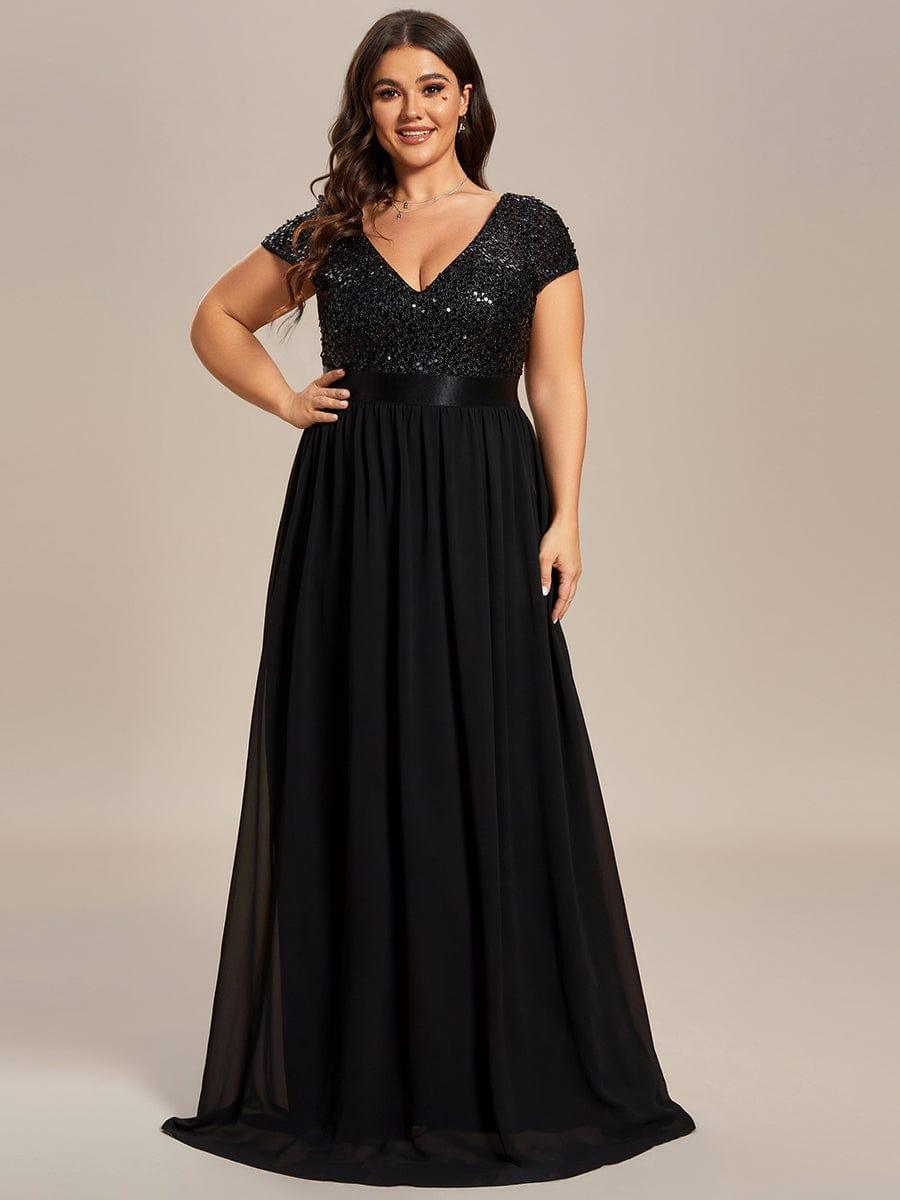 V-Neck Cap Sleeve Sequin & Chiffon Empire Waist Evening Dress