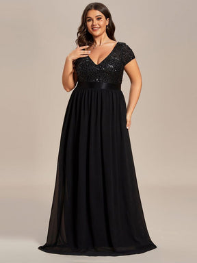 Plus Size V-Neck Cap Sleeve Sequins Chiffon Maxi Evening Dress