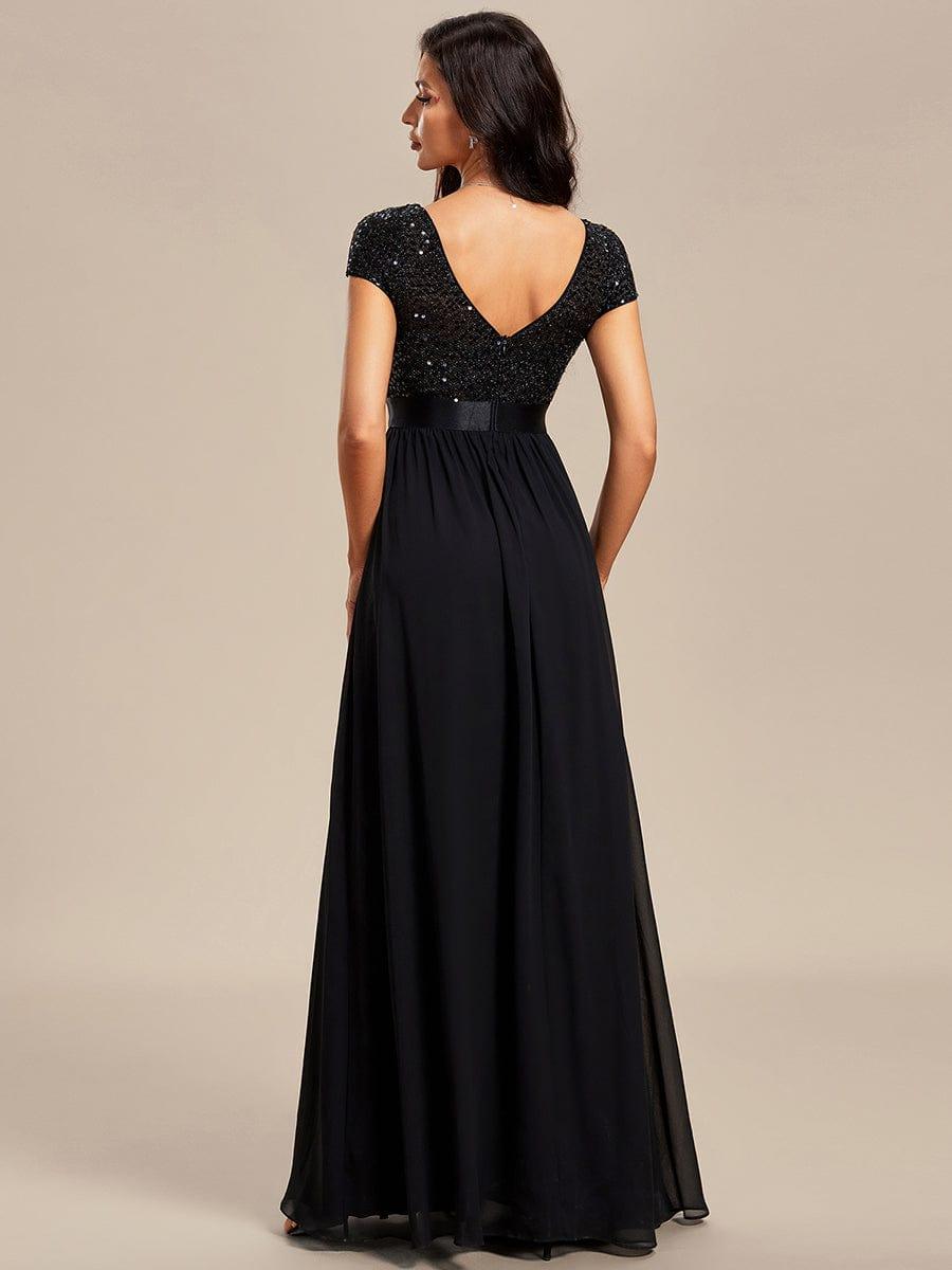 V-Neck Cap Sleeve Sequin & Chiffon Empire Waist Evening Dress #color_Black