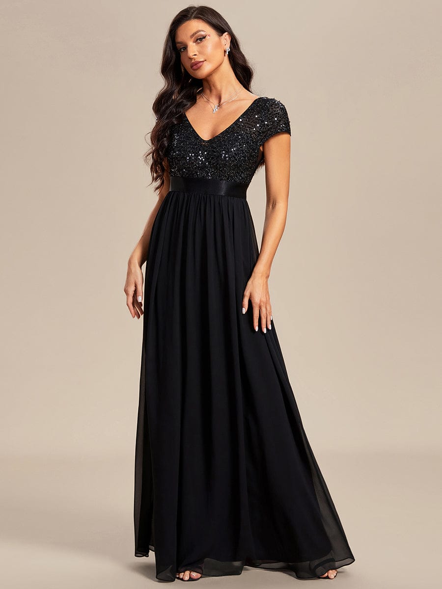 V-Neck Cap Sleeve Sequin & Chiffon Empire Waist Evening Dress #color_Black