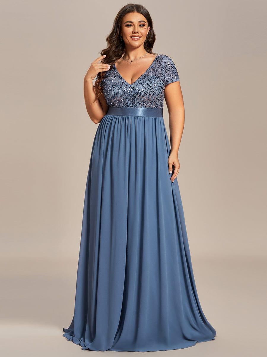 Plus Size V-Neck Cap Sleeve Sequins Chiffon Maxi Evening Dress #color_Dusty Blue