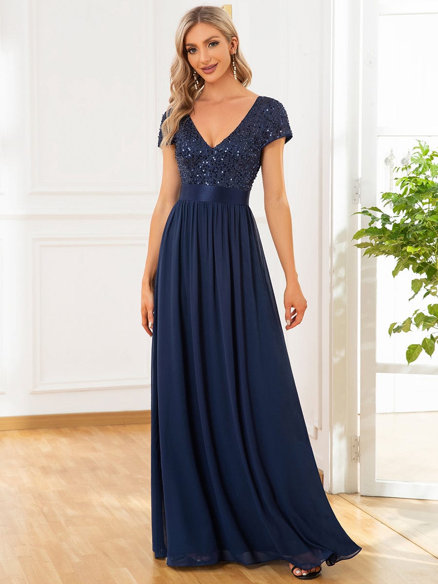 V-Neck Cap Sleeve Sequin & Chiffon Empire Waist Evening Dress #color_Navy Blue