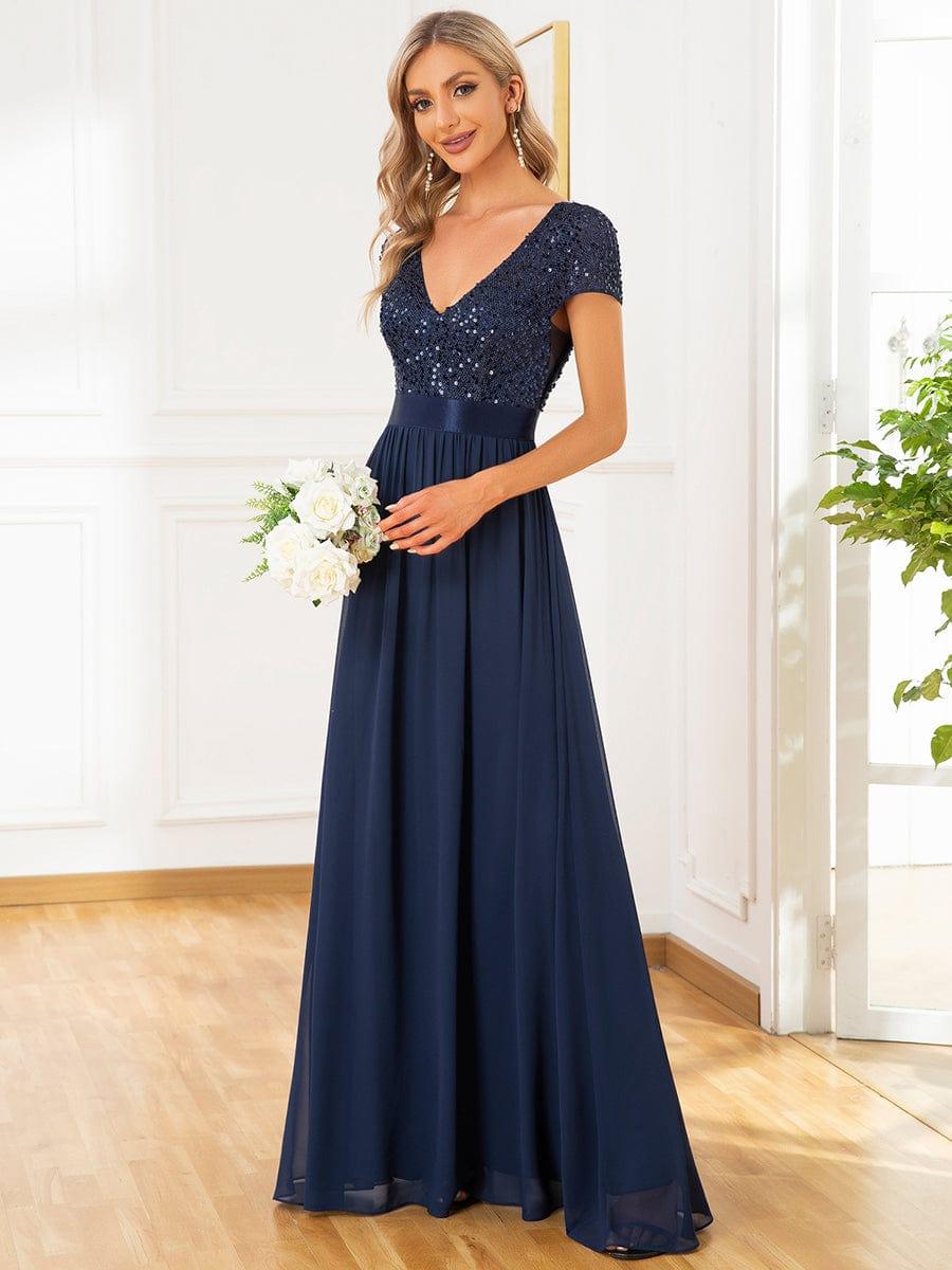 V-Neck Cap Sleeve Sequin & Chiffon Empire Waist Evening Dress