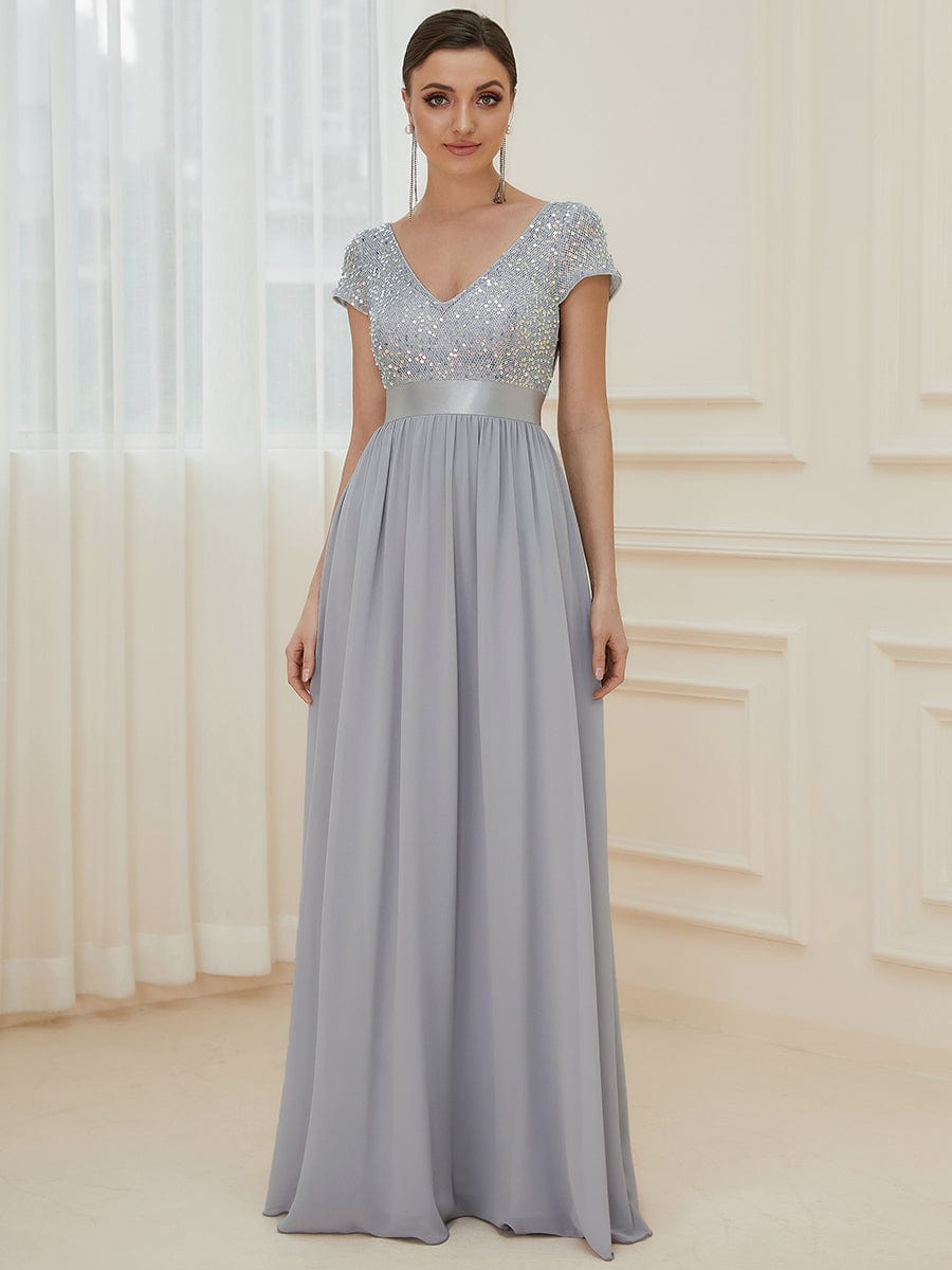V-Neck Cap Sleeve Sequin & Chiffon Empire Waist Evening Dress