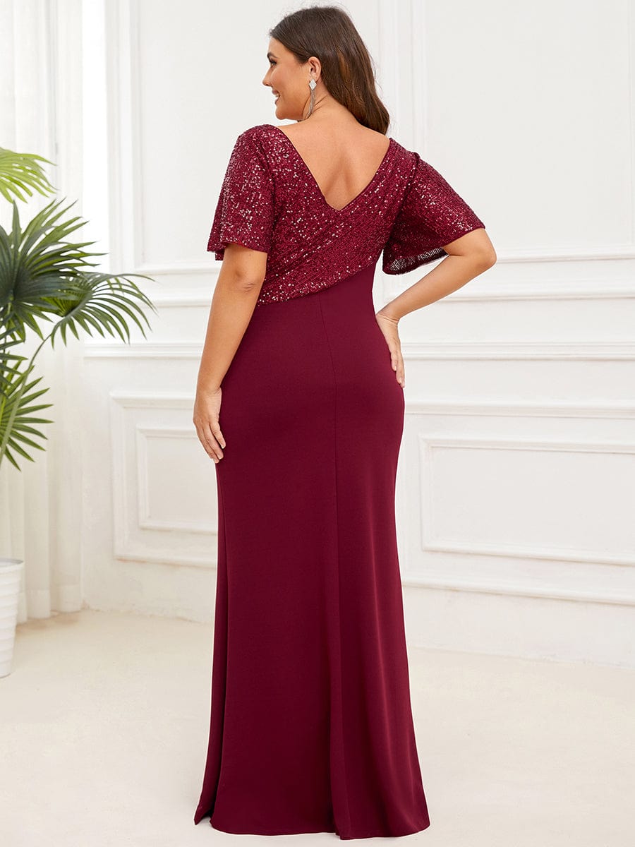 Sequin Short Sleeve V-Neck Top Column Evening Dress