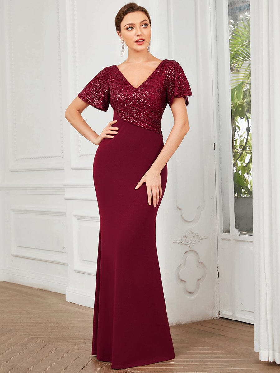 Sequin Short Sleeve V-Neck Top Column Evening Dress #Color_Burgundy