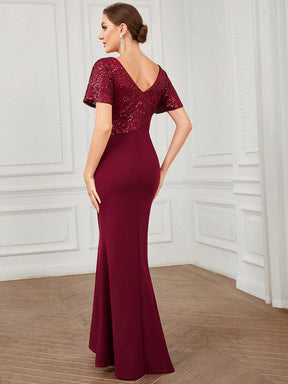 Sequin Short Sleeve V-Neck Top Column Evening Dress