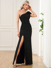 Bow Tie Bodycon Front Slit One Shoulder Evening Dress #Color_Black