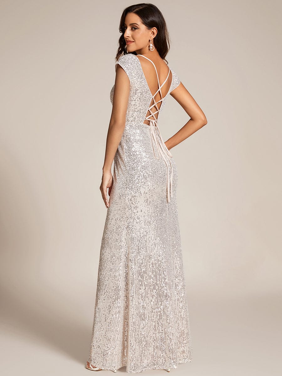Custom Size Sequin V-Neck High Slit Lace-Up Evening Dress