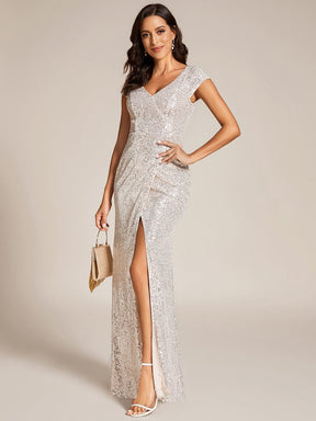 Custom Size Sequin V-Neck High Slit Lace-Up Evening Dress