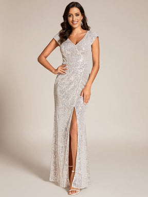 Custom Size Sequin V-Neck High Slit Lace-Up Evening Dress