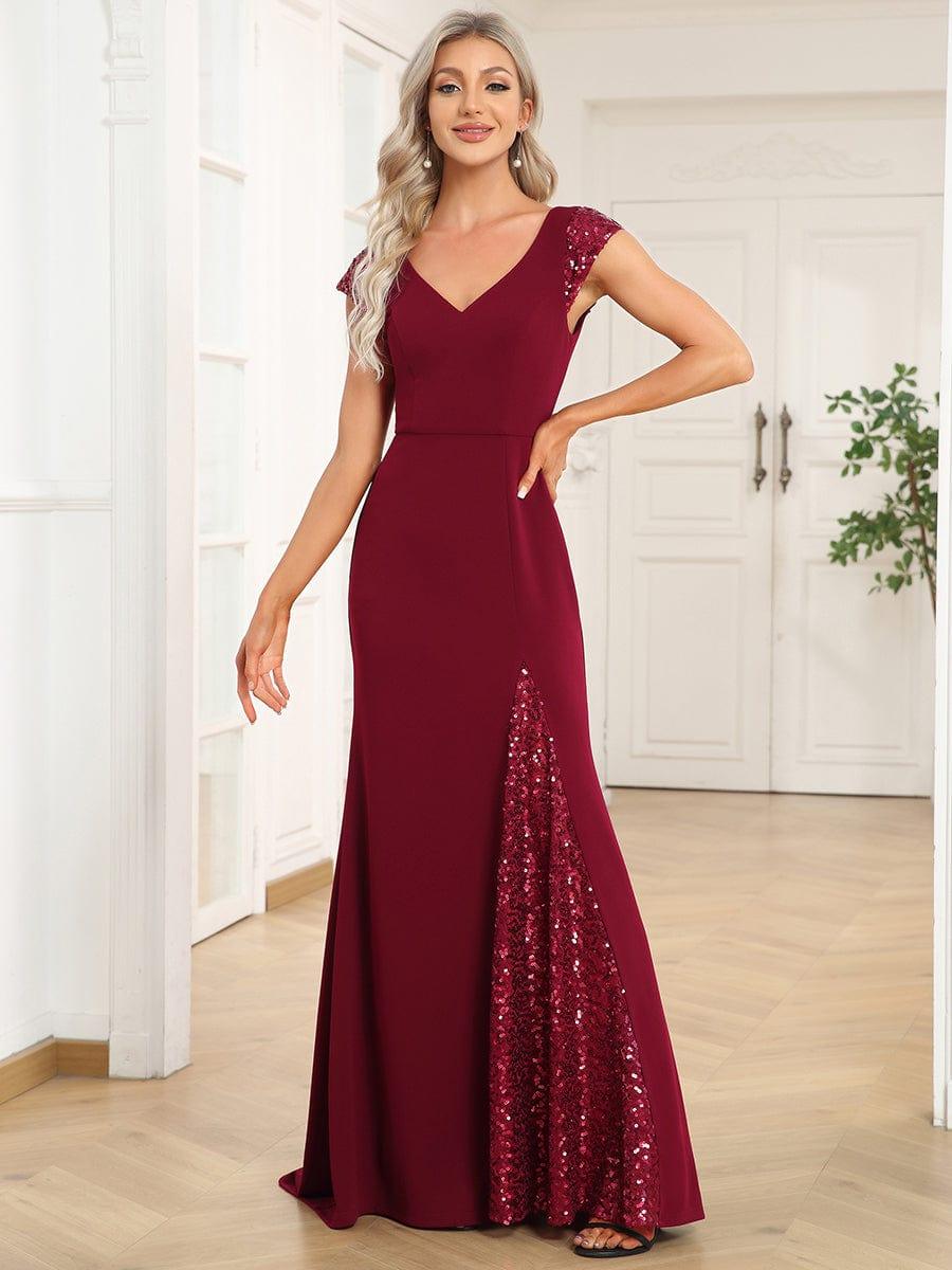 Cap Sleeve V-Neck A-Line Sequin Evening Dress