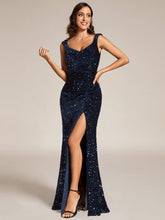 Custom Size V-neck Sequin Slit Mermaid Floor Length Evening Dress #color_Navy Blue