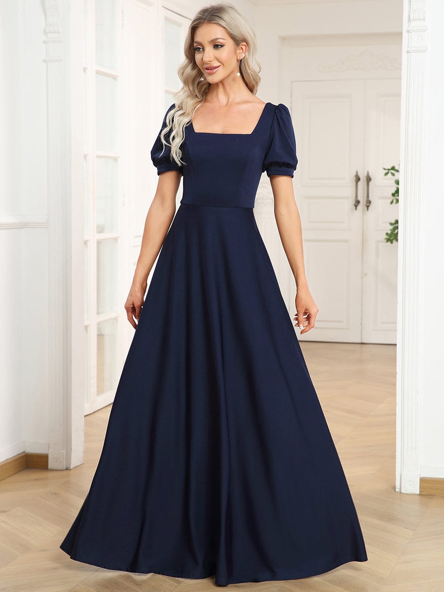 A-Line Floor-Length Square Neck Caged Back Evening Dress #color_Navy Blue