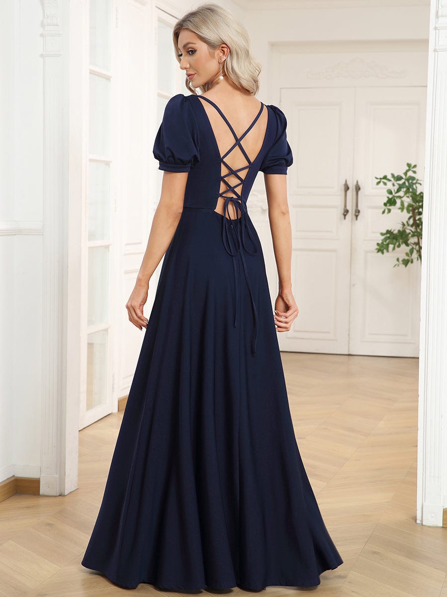 A-Line Floor-Length Square Neck Caged Back Evening Dress #color_Navy Blue