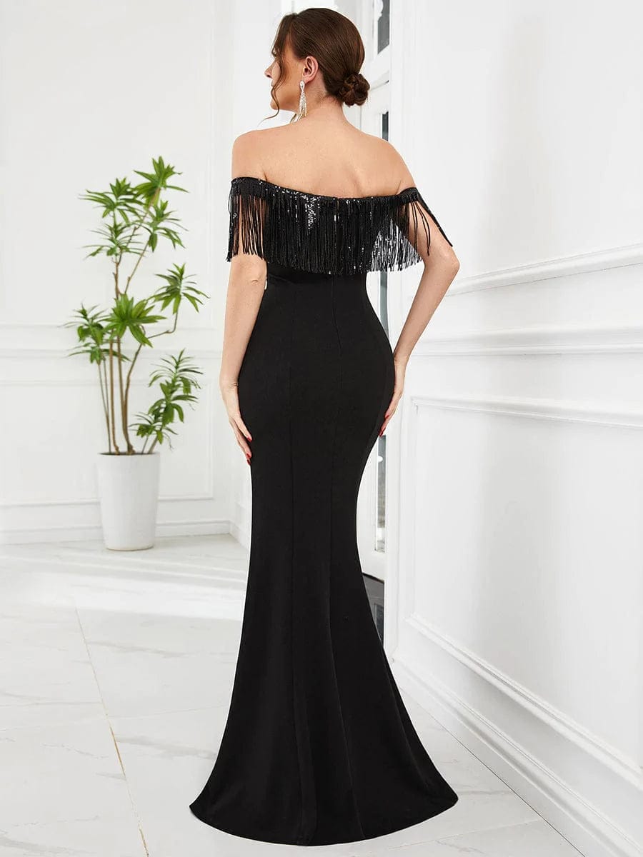Fringe Off-Shoulder Beaded Bodycon Fishtail Evening Dress #Color_Black