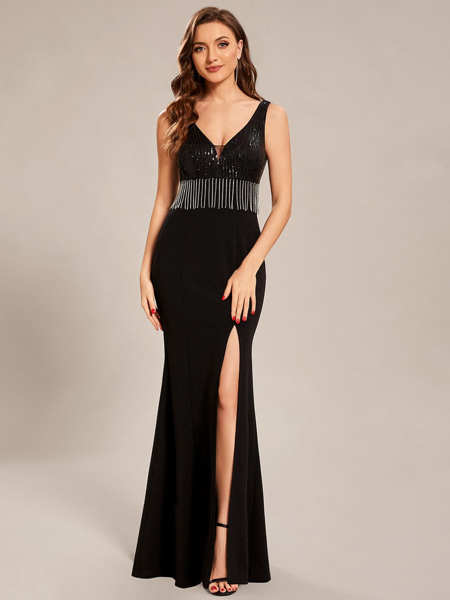 Custom Size Sequin Tassel High Slit Bodycon Evening Dresses #color_Black