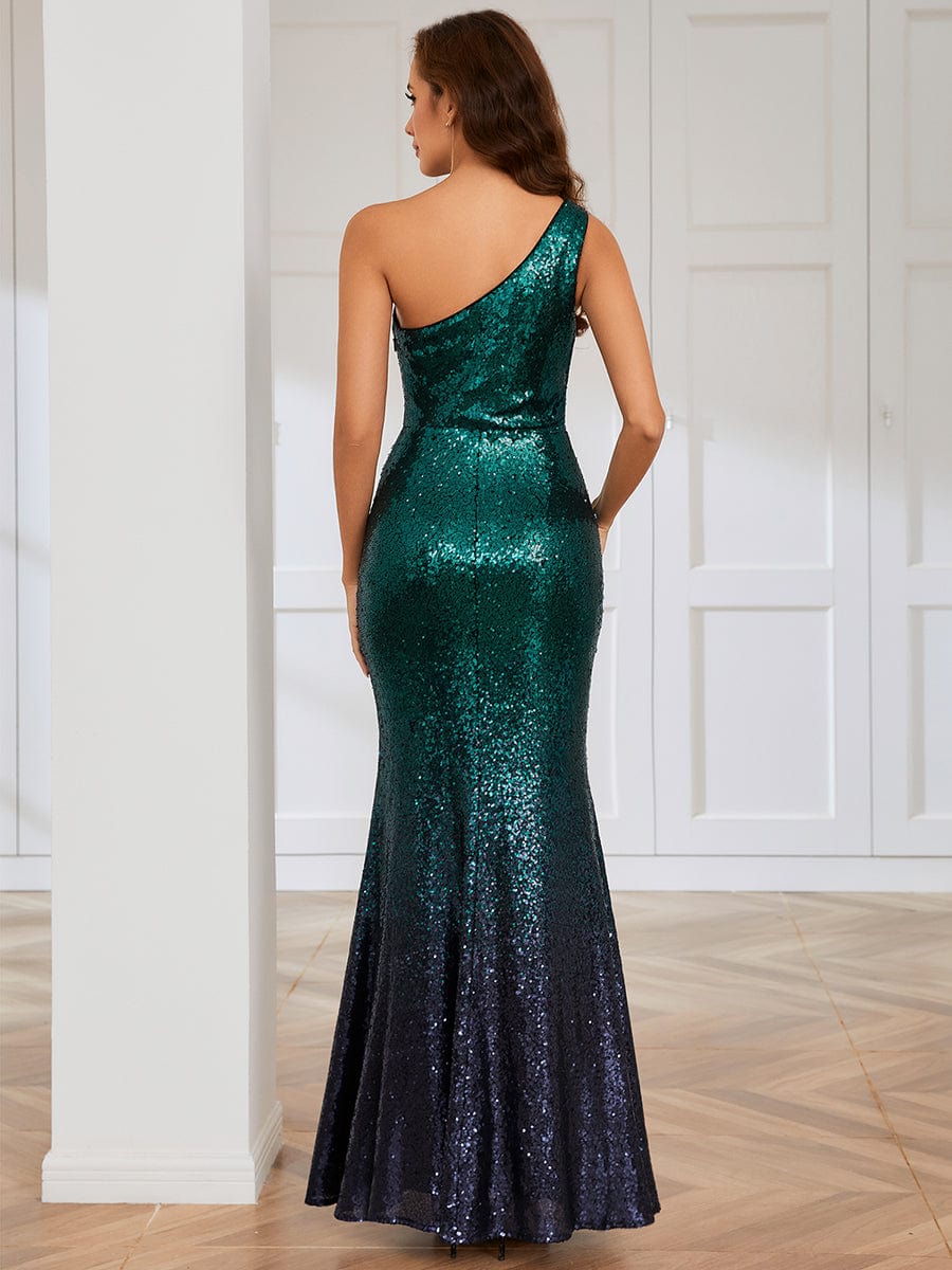Front Slit Bodycon Asymmetrical Ombre Mermaid Sequin Evening Dress #Color_Dark Green