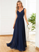 Sleeveless Chiffon Tie Waist V-Neck A-Line Evening Dress #color_Navy Blue