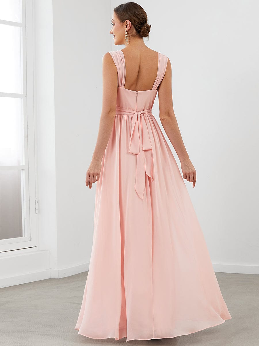 Sleeveless Chiffon Tie Waist V-Neck A-Line Evening Dress #color_Pink