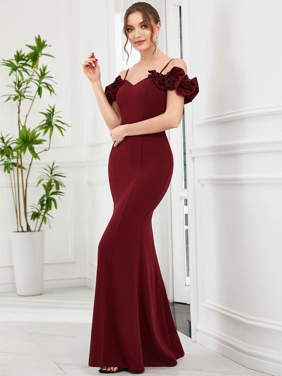 Ruffled Cold Shoulder Spaghetti Strap Sweetheart Bodycon Evening Dress #Color_Burgundy