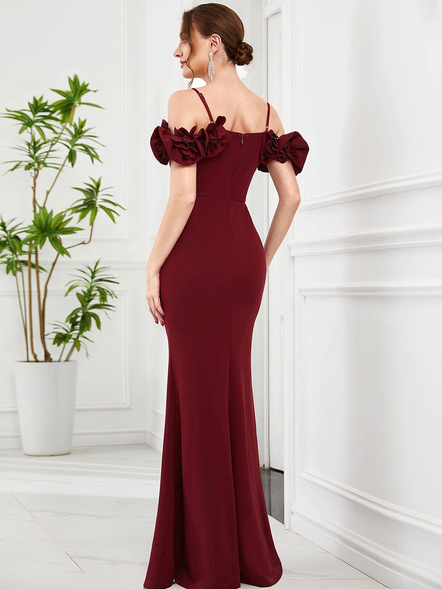 Ruffled Cold Shoulder Spaghetti Strap Sweetheart Bodycon Evening Dress #Color_Burgundy