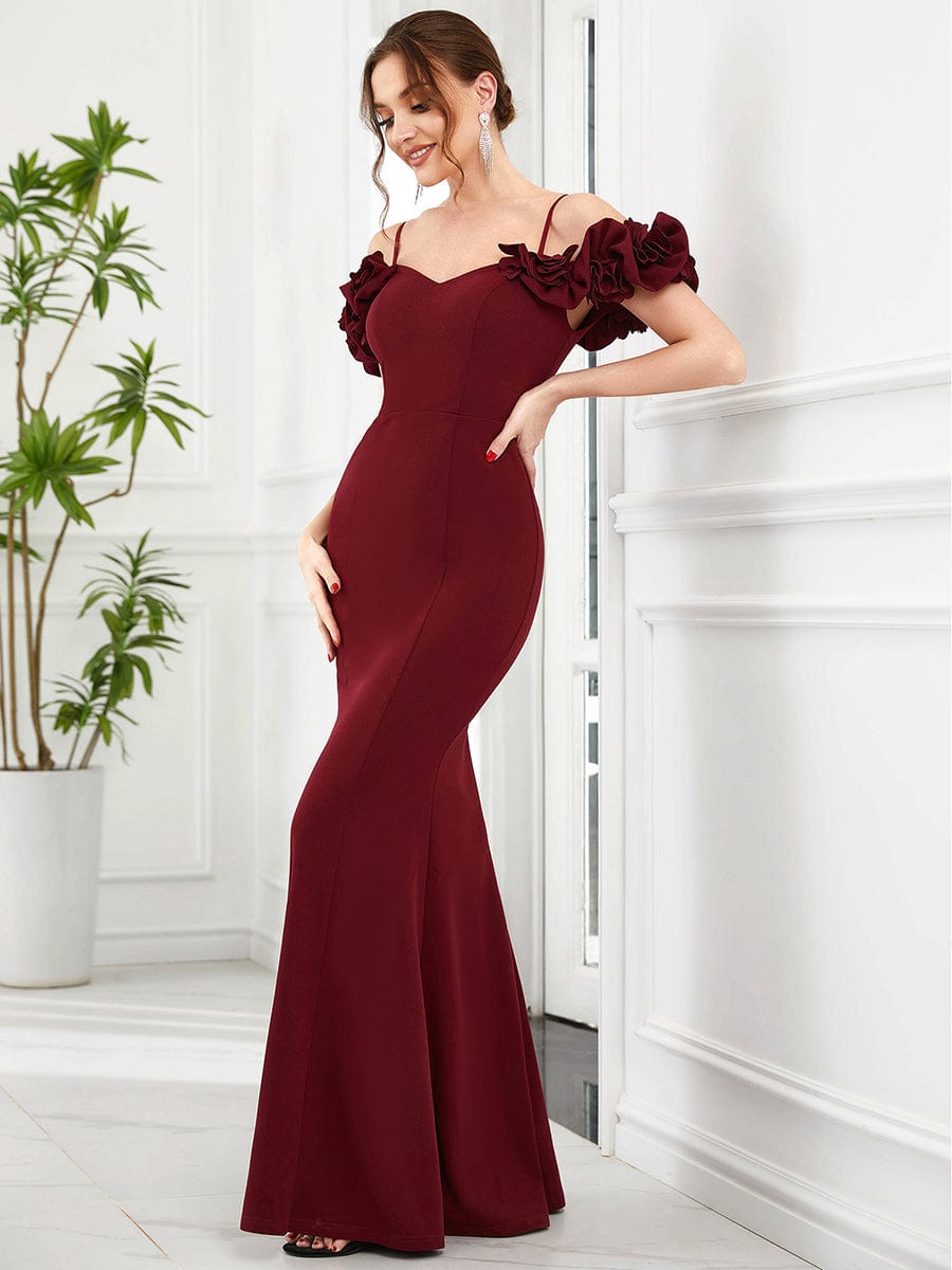 Ruffled Cold Shoulder Spaghetti Strap Sweetheart Bodycon Evening Dress