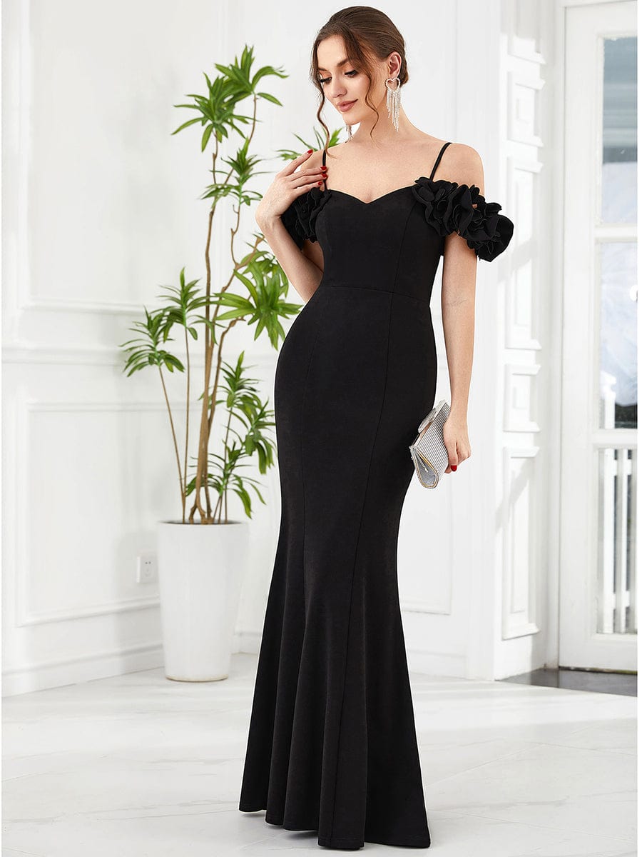 Ruffled Cold Shoulder Spaghetti Strap Sweetheart Bodycon Evening Dress