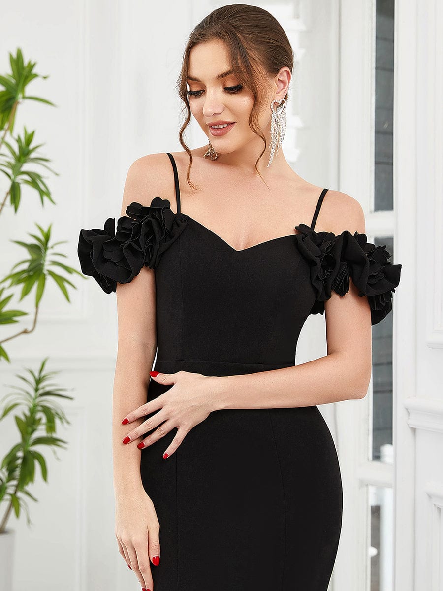 Ruffled Cold Shoulder Spaghetti Strap Sweetheart Bodycon Evening Dress