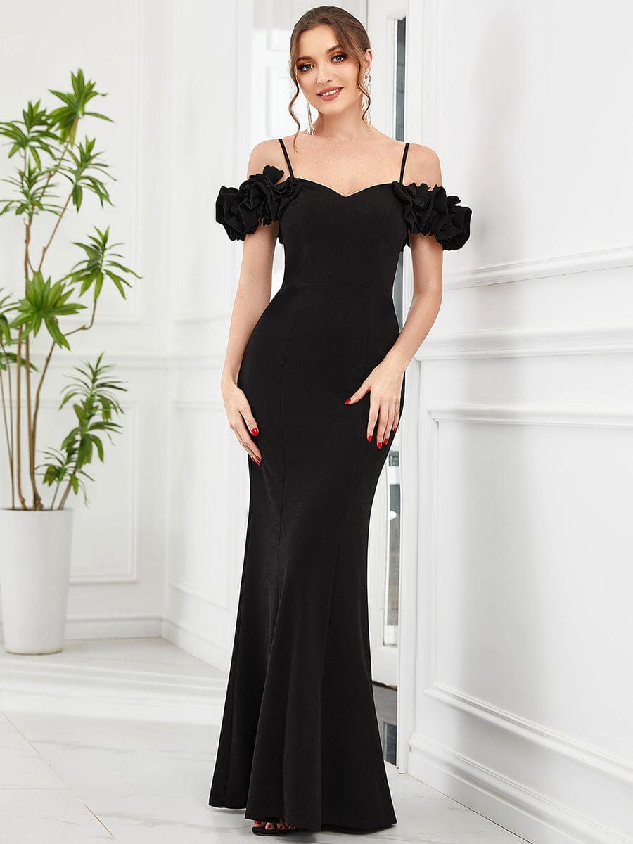 Ruffled Cold Shoulder Spaghetti Strap Sweetheart Bodycon Evening Dress