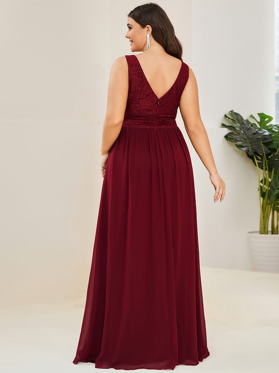 Plus Size Sleeveless V-Neck Empire Waist High Slit Floor-Length Evening Dress #color_Burgundy