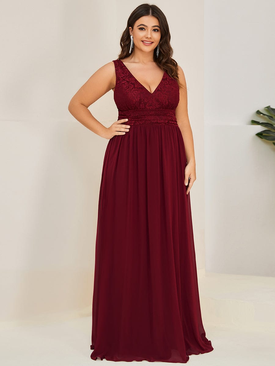 Plus Size Sleeveless V-Neck Empire Waist High Slit Floor-Length Evening Dress #color_Burgundy