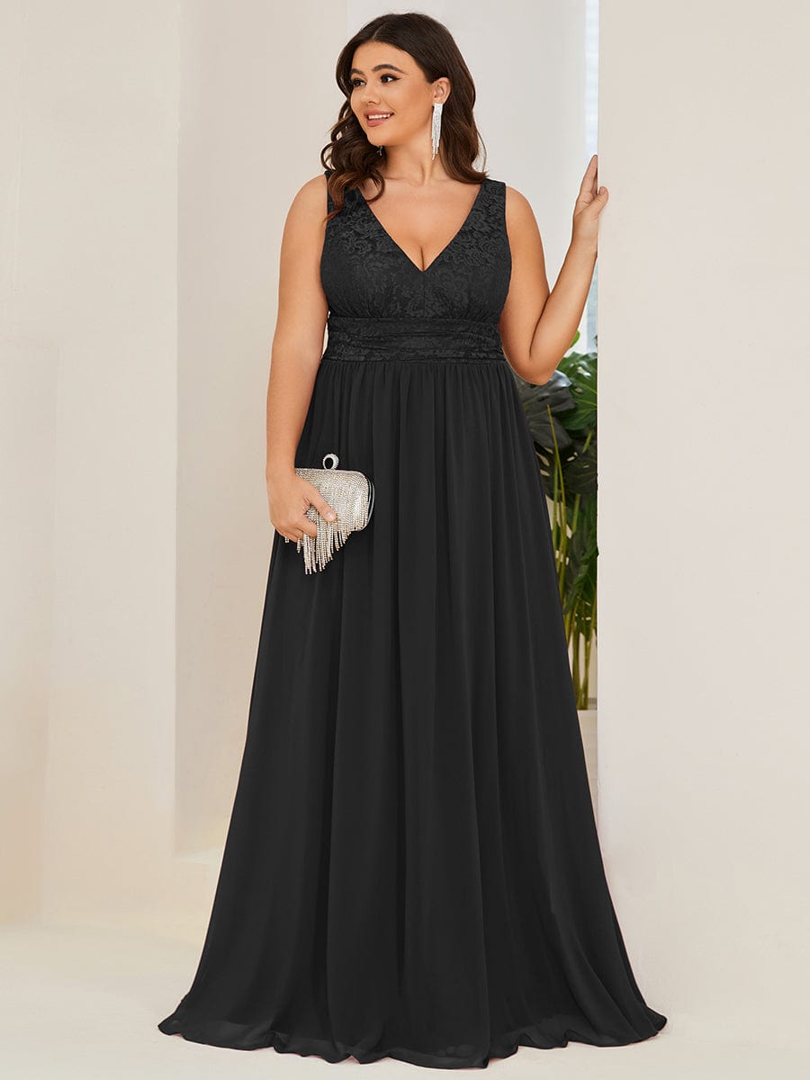 Plus Size Sleeveless V-Neck Empire Waist High Slit Floor-Length Evening Dress #color_Black
