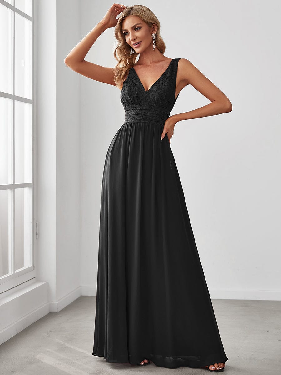 Sleeveless V-Neck Empire Waist High Slit Floor-Length Evening Dress #color_Black