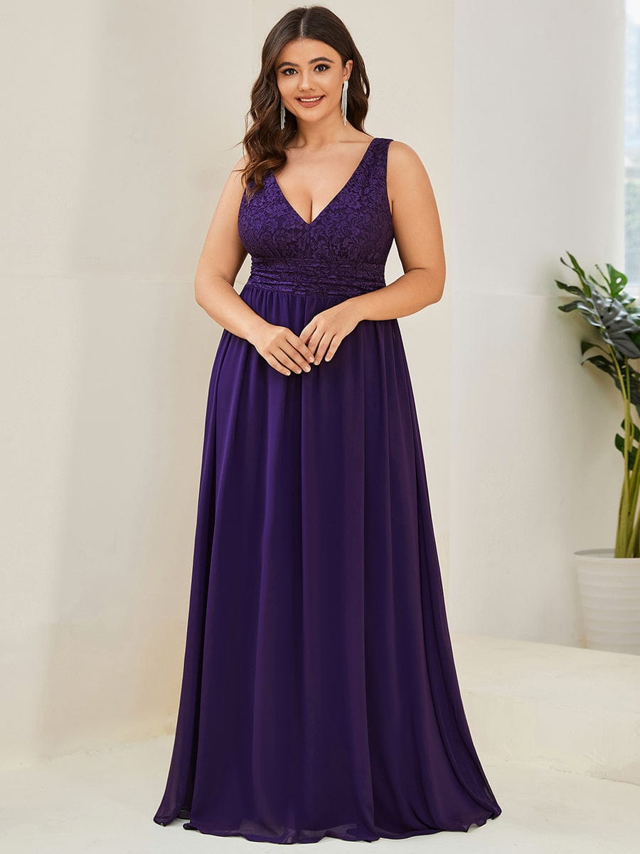 Plus Size Sleeveless V-Neck Empire Waist Floor-Length Evening Dress